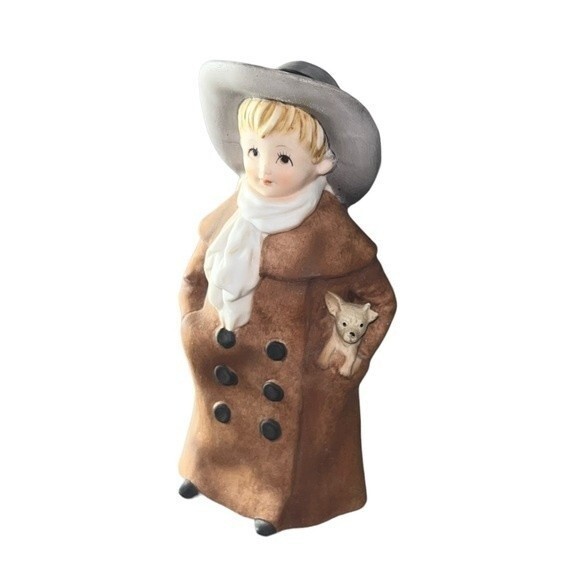 Lefton Vintage 1950s Porcelain Hand-painted Figurine Boy in Coat & Hat w/ Dog - Picture 3 of 14